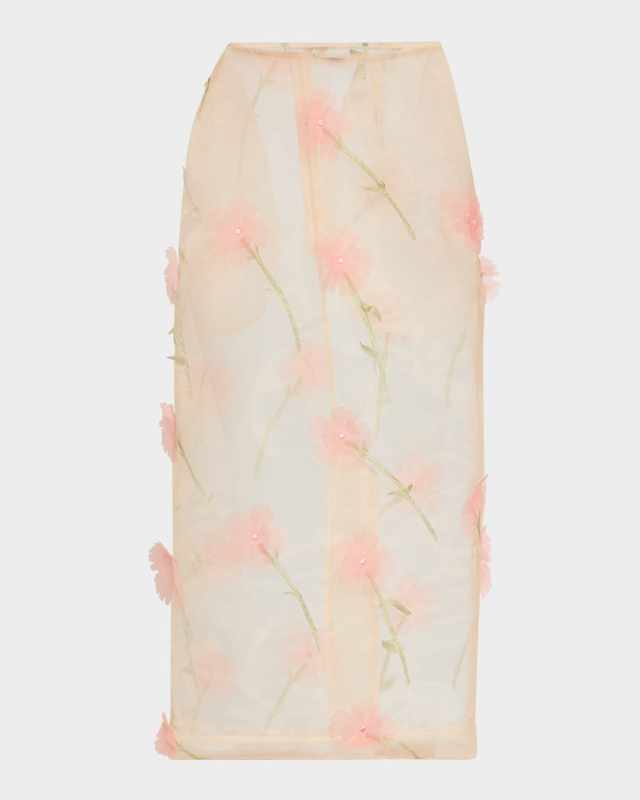 Flower-Applique Sheer Organza Midi Skirt